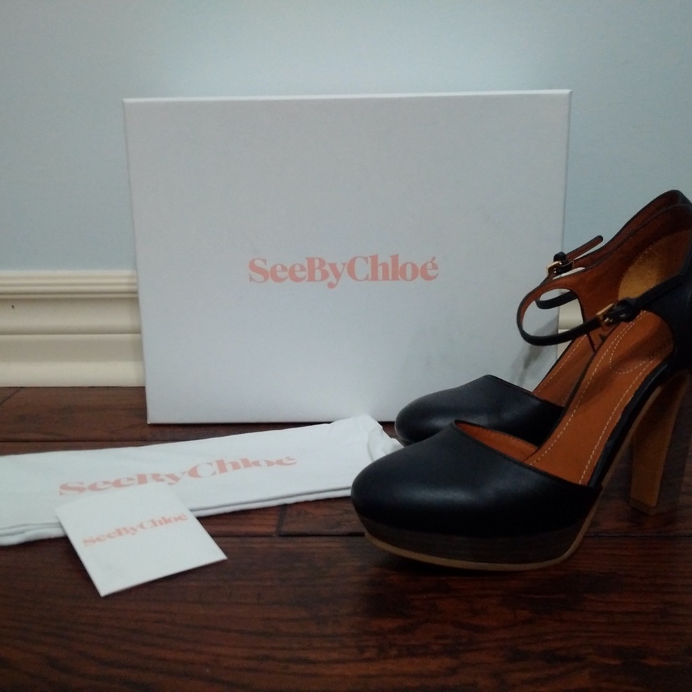 NIB See by Chloe Bell Black Platform Heels Shoes 37.5 $460
